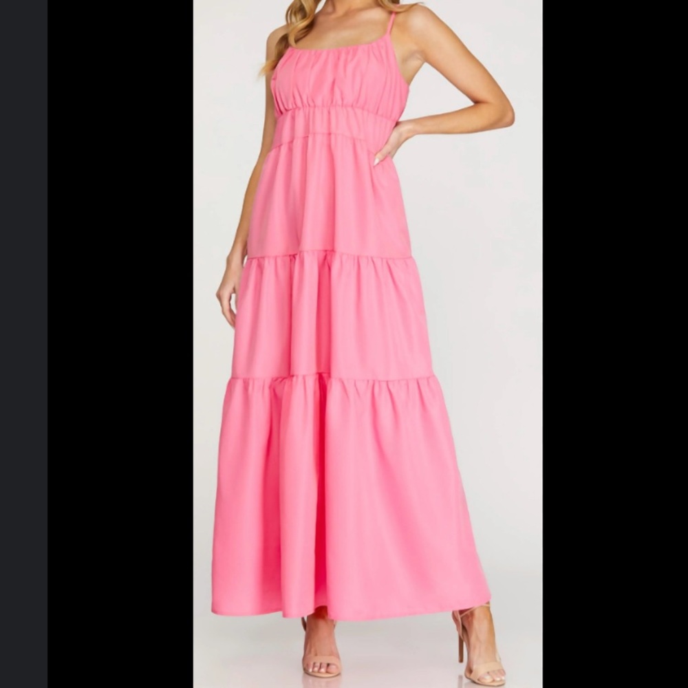 SHE + SKY Pink Washed Tiered Maxi Dress L